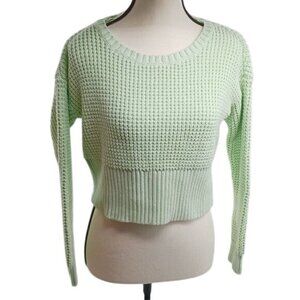 Bar III Womens Size M Green Cropped Sweater Long Sleeve Waffle Knit Pullover